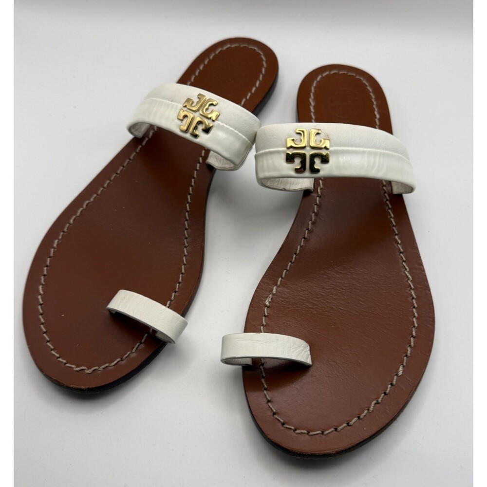 Tory Burch White Leather Toe-Ring Sandals with Gold Logo